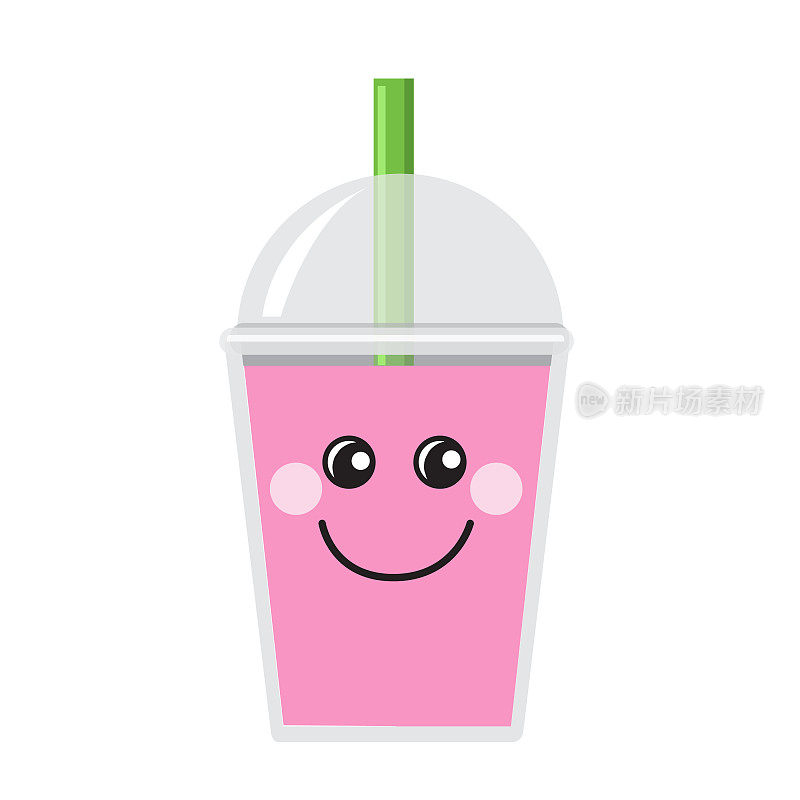 Happy Emoji Kawaii face on Bubble or Boba Tea Pomegranate Flavor Full color Icon on white background